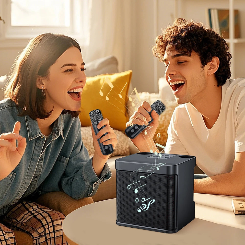 Karaoke Machine with 2 Wireless Microphones Wireless Portable BT Speaker Support BT/USB/TF Card/Aux 1500mAh for Karaoke Party