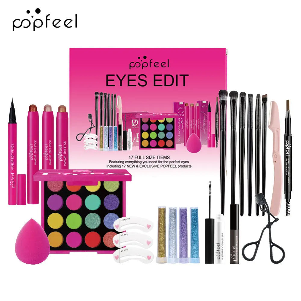 Essential Eye Makeup Set for Beginners Matte&Shimmer Eyeshadow Palette, Mascara, Eyebrow Pencil, Lip Eyeliner,Brush Tool Set Box