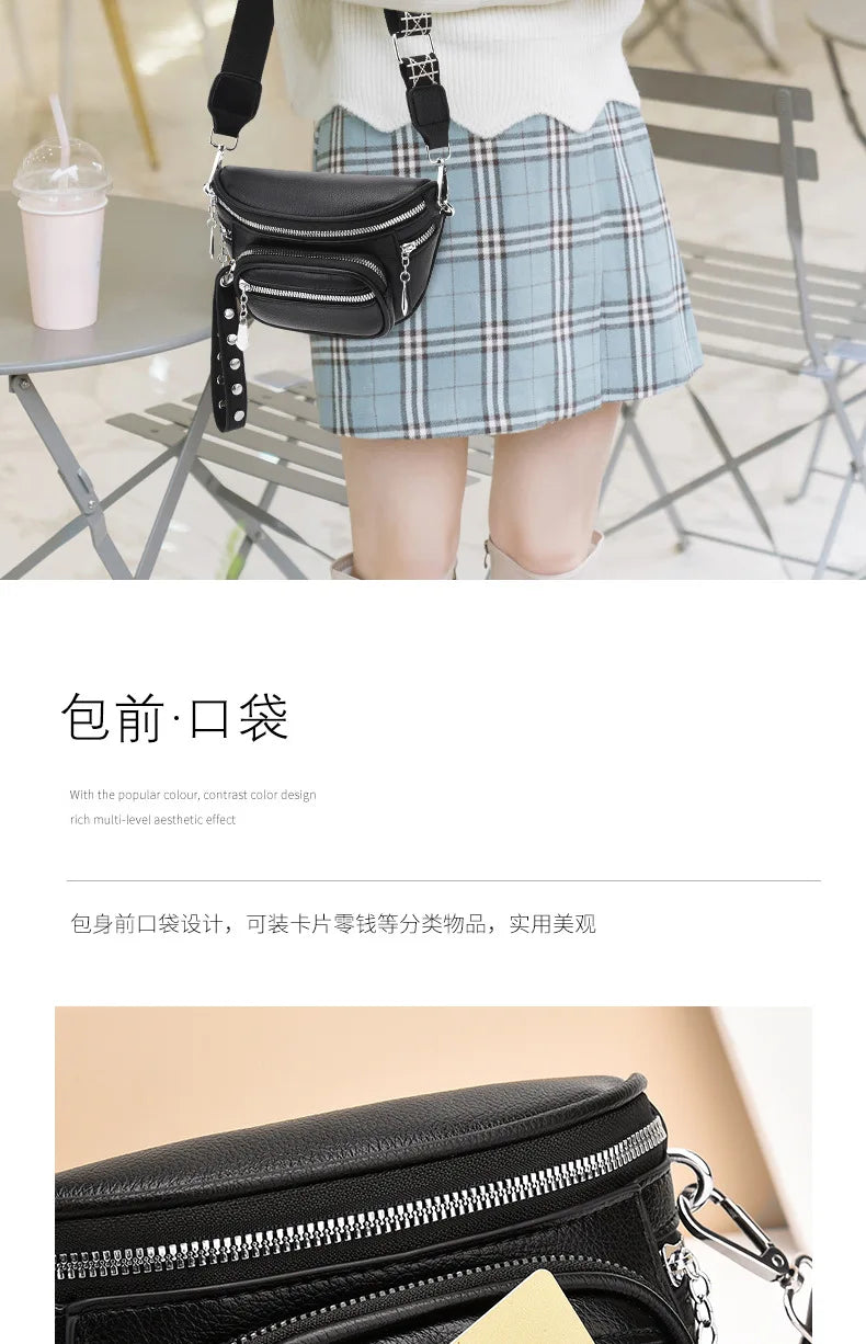 Luxury Multi-pocket 100% cowhide Crossbody Bags For Women Black Shoulder Messenger Handbags Small Chest Bag Travel Saddle bag