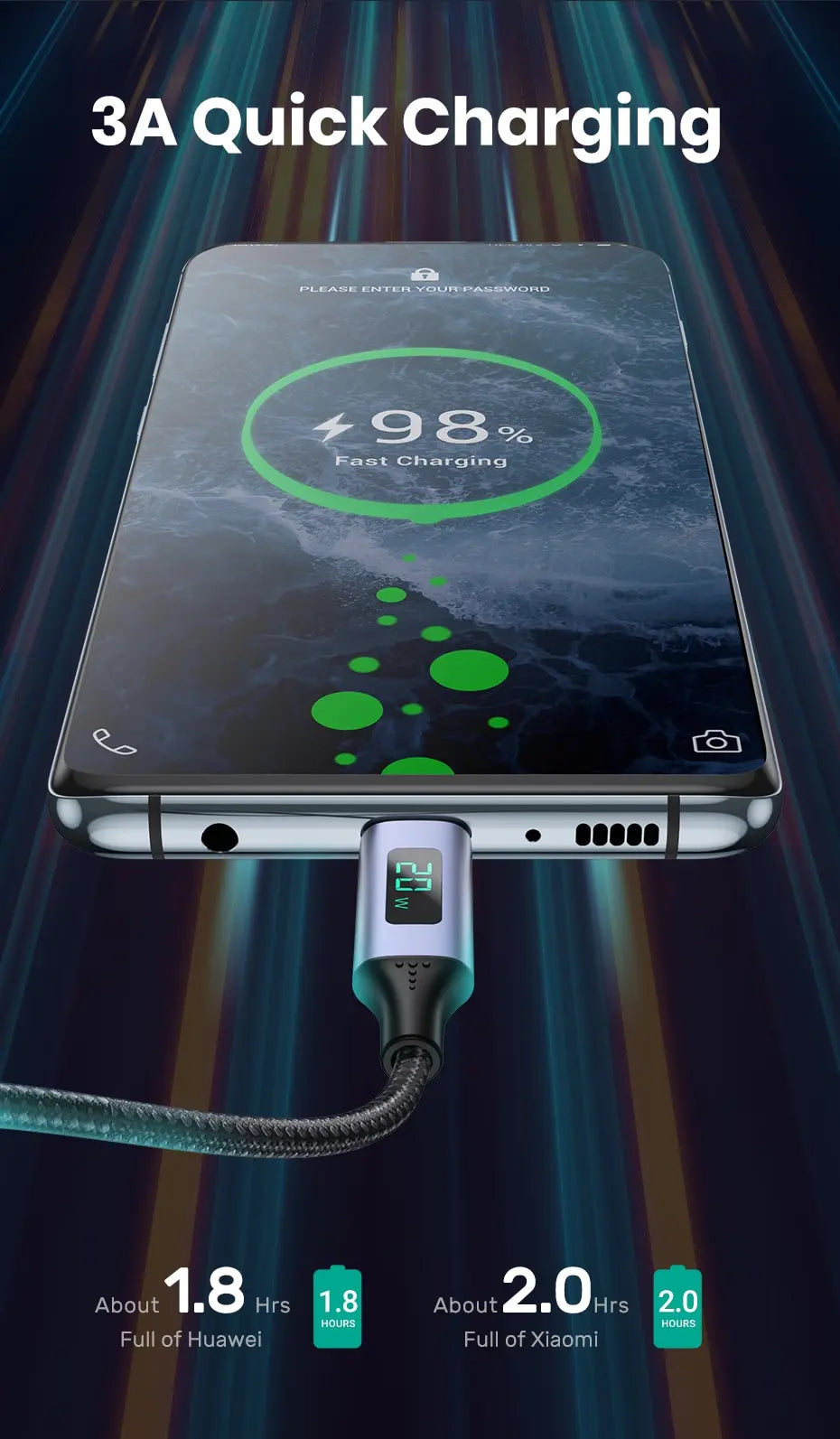 TOPK Micro USB Cable USB Type C Cable 3A for Samsung Xiaomi Fast Charging USB C With Digital Display Mobile Phone Cable