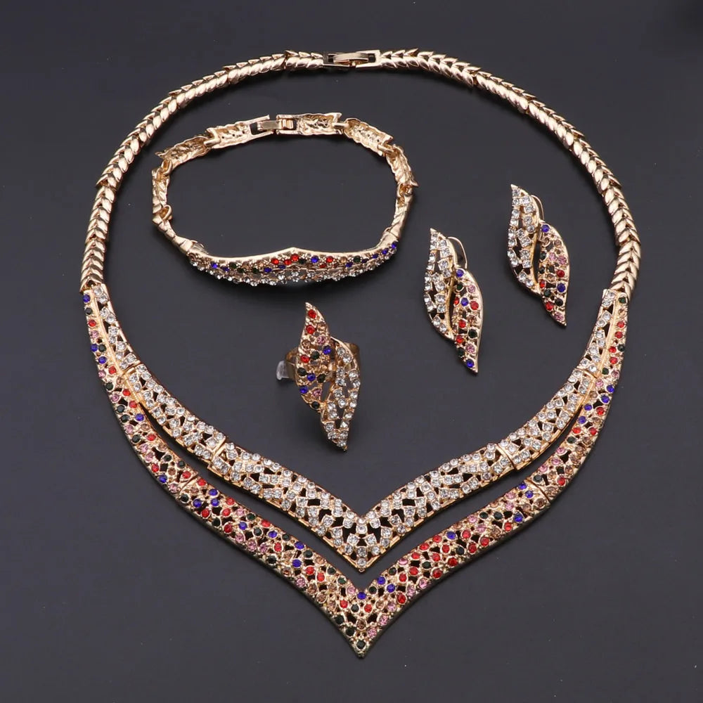 Dubai Gold Color Jewelry Set Fashion Women Necklace Earrings Bracelet And Ring 4PCS Set Jewelry Wedding Party Gift