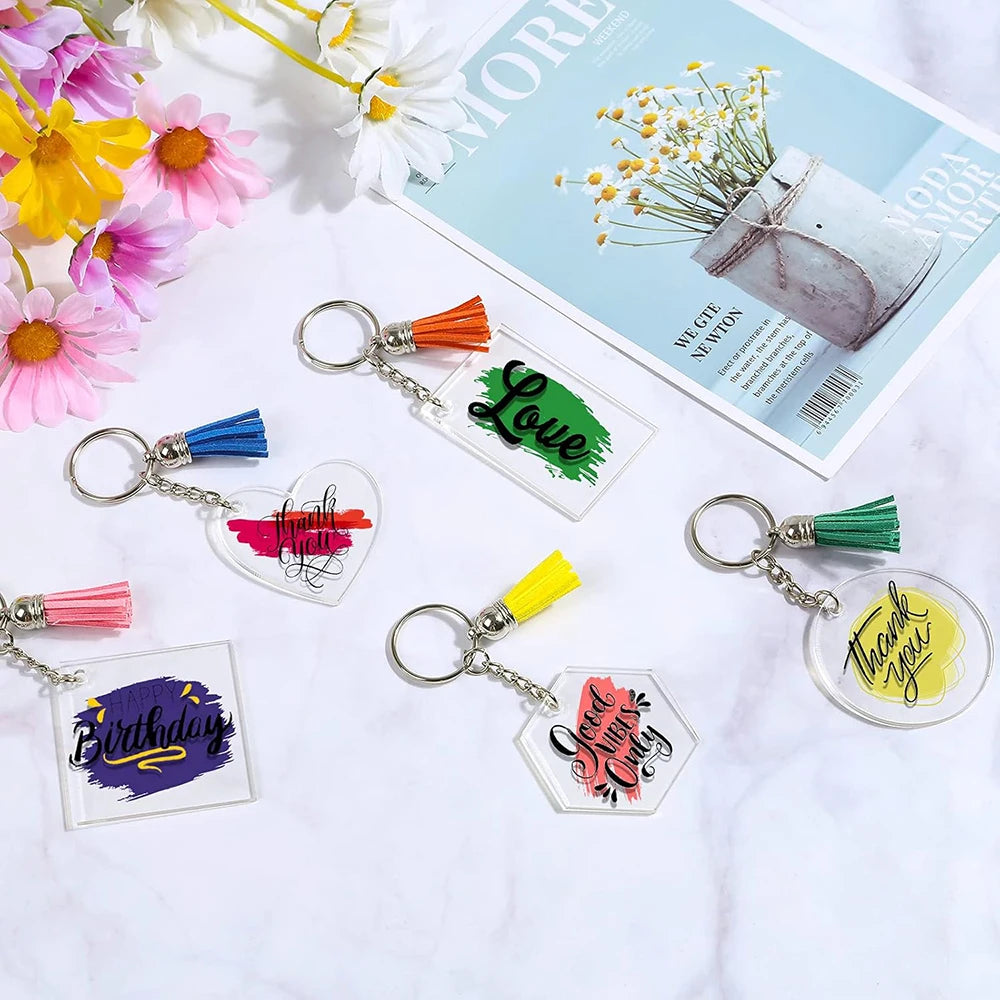 200Pcs Acrylic Keychain Blanks Bulk with 5 Shapes Clear Acrylic Disc Leather Tassel Charms Key Chains Jump Ring for DIY Craft