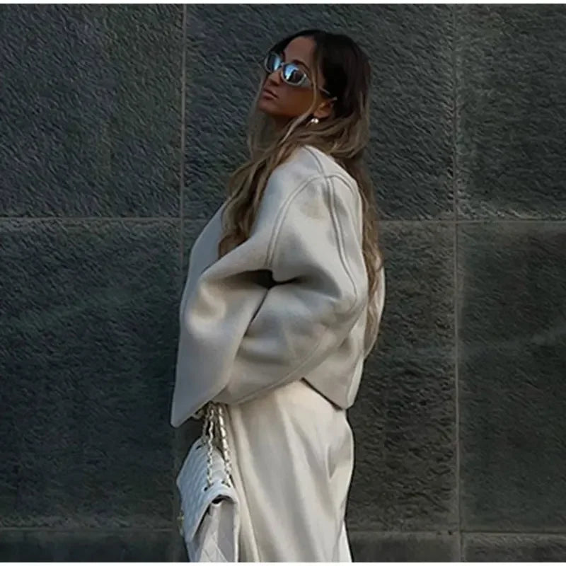 Women's Fashion Solid Thicken Cropped Jacket Top Long Sleeve Warm Autumn Winter Cardigan Female Casual Loose Woolen Streetwear