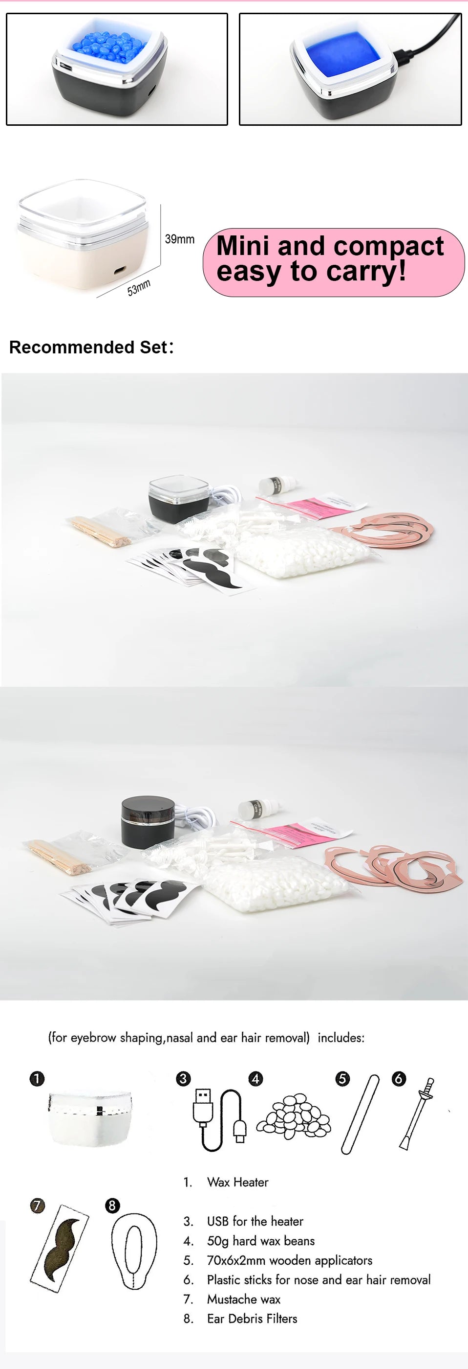 USB Mini Hair Removal Wax Warmer, Mini Waxing Kit - Suitable for Facial Hair Removal for Both Men and Women, Wax Heater
