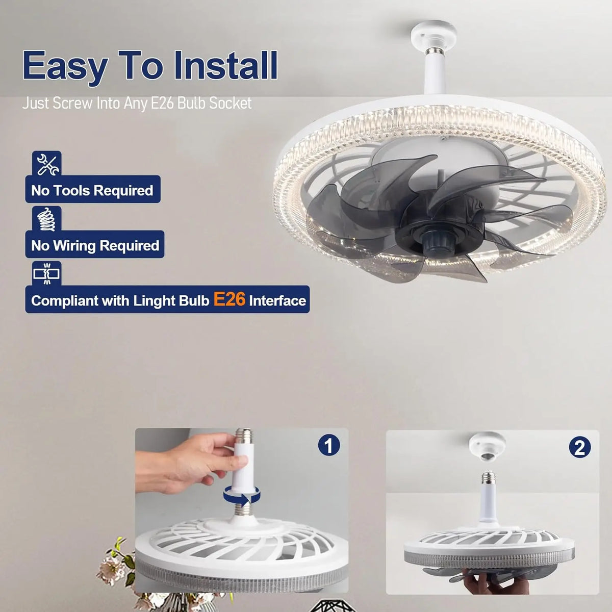 Modern Ceiling Fan With LED Light And Remote Control E27 Fan Lamp 4 Speed 360° Circulating Air For Kitchen Room Home Lighting