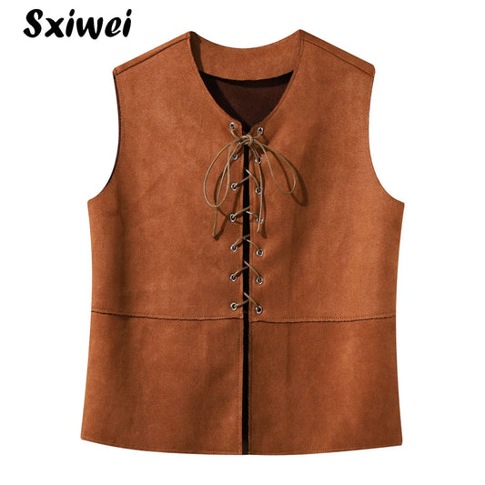 Halloween Pirate Vest Top Medieval Renaissance Costume for Kids Boys West Cowboy Viking Pirates Cosplay Lace Up Suede Waistcoat