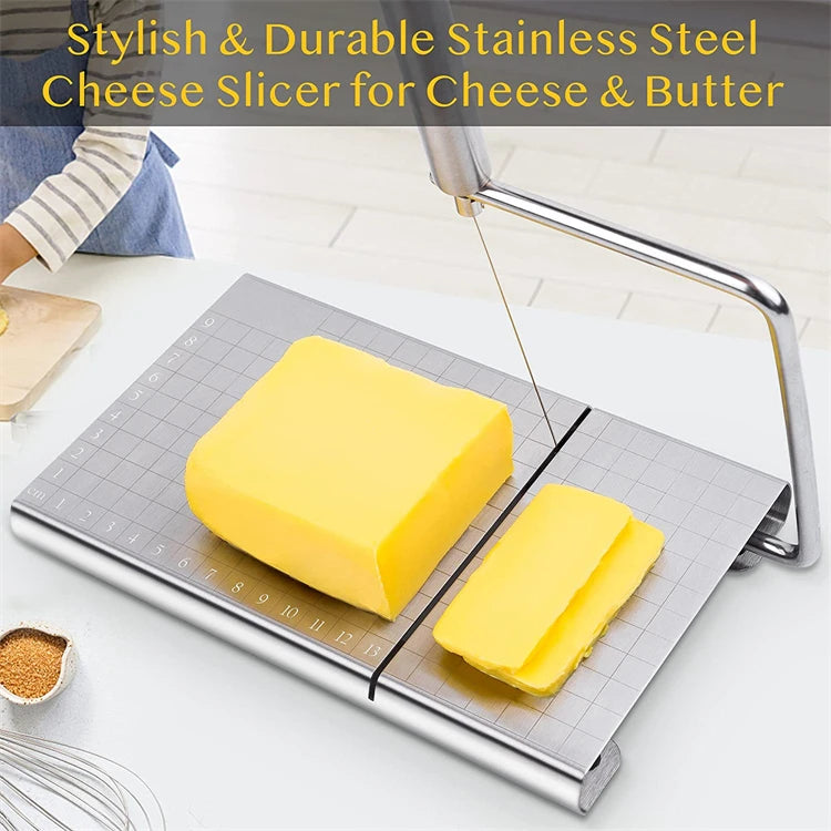 LMETJMA Cheese Slicers with Wire for Block Cheese Adjustable Cheese Cutter Board with 5 Replacement Wires Precise Scale JT53