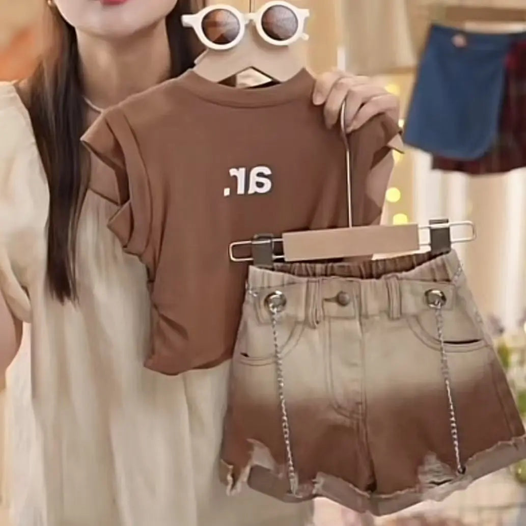 Girls' Summer Clothing Set 2025 New Children's Tank Top Denim Shorts Two Piece Set Girls' Elegant Summer Fashion