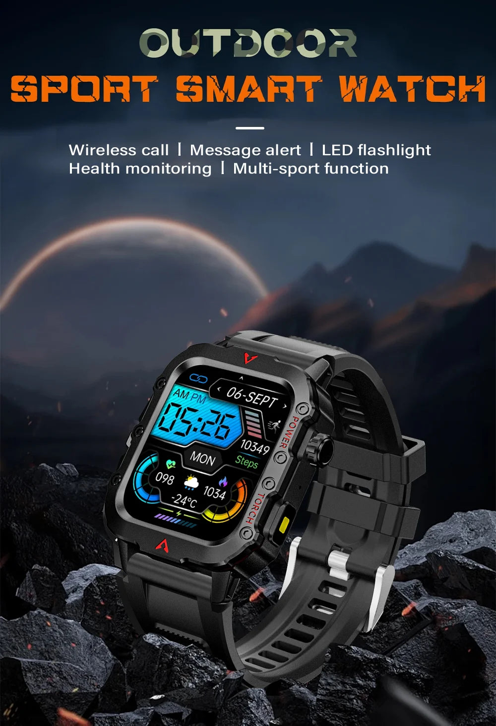 LAXASFIT New Men's Smart Watch LED Flashlight Outdoor Sports Smart Watch Wristwatch Health Monitoring Smart Watch