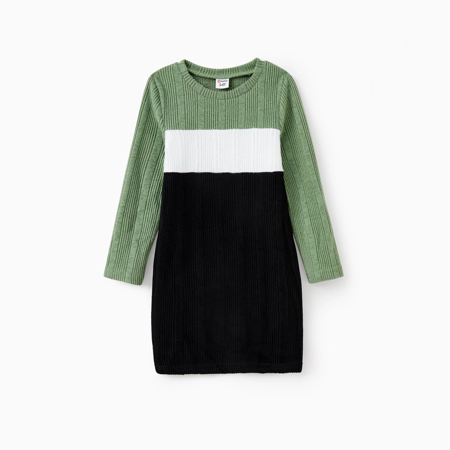 PatPat Family Matching Sets Green Color Block Long Sleeves Ribbed Tops/Dress/Romper