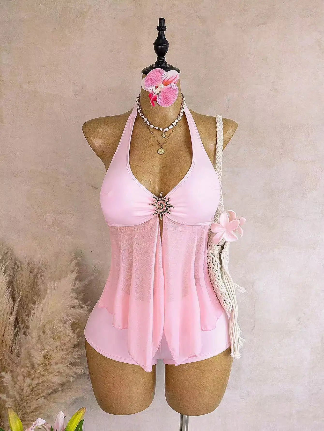 Beige Two Piece Bikini Set 2026 Women Metal Sun Ornament Mesh Tank Top High Waist Swimsuit Holiday Bathing Suit Swimwear