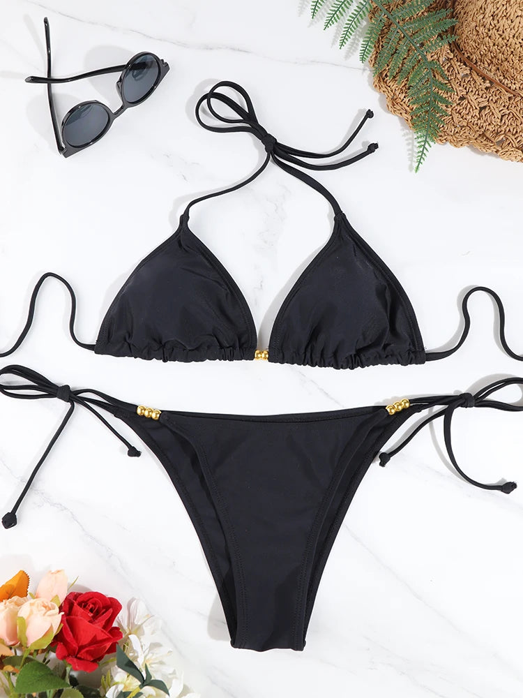 Sexy Triangle Bikini Sets Micro Thongs Swimsuit Women Bathing Suit  BeachwearSolid Color Swimwear Thong Bikini