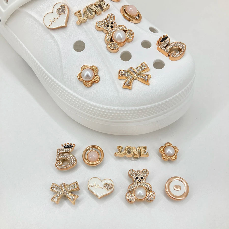 14pcs Sparkling Golden Faux Pearl Shoe Charms Pins Set DIY Detachable Shoe Decoration Suitable For CROCS Clogs Party Gift Idea
