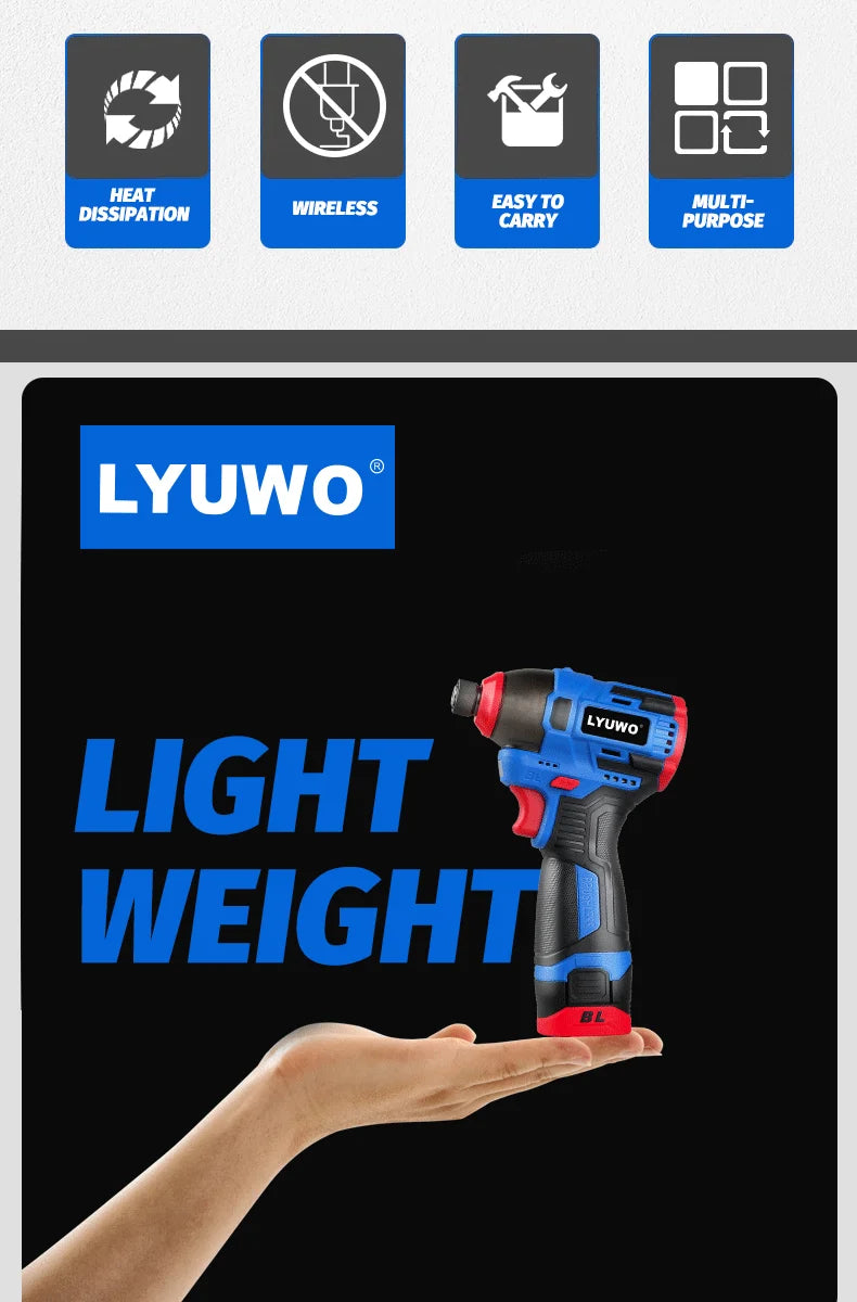 LYUWO 16V Electric Drill Screwdriver 160N.m impact Driver cordless drill Household Multifunction Hit Power Tools