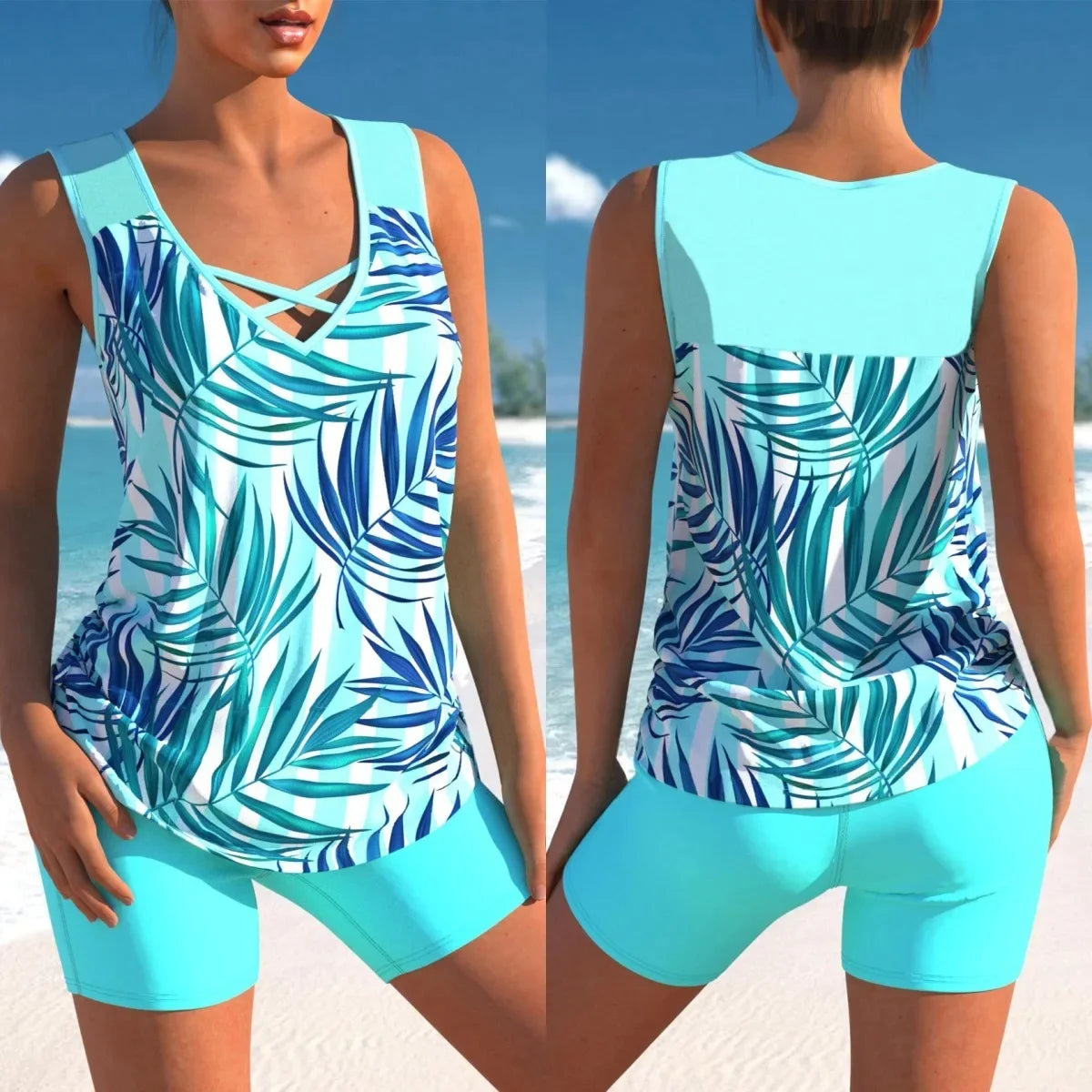 New Large Size Quick Dry Women's Shorts Strap Conservative Separate Bikini Swimsuit Flat Angle Vest Two Piece Swimwear Set