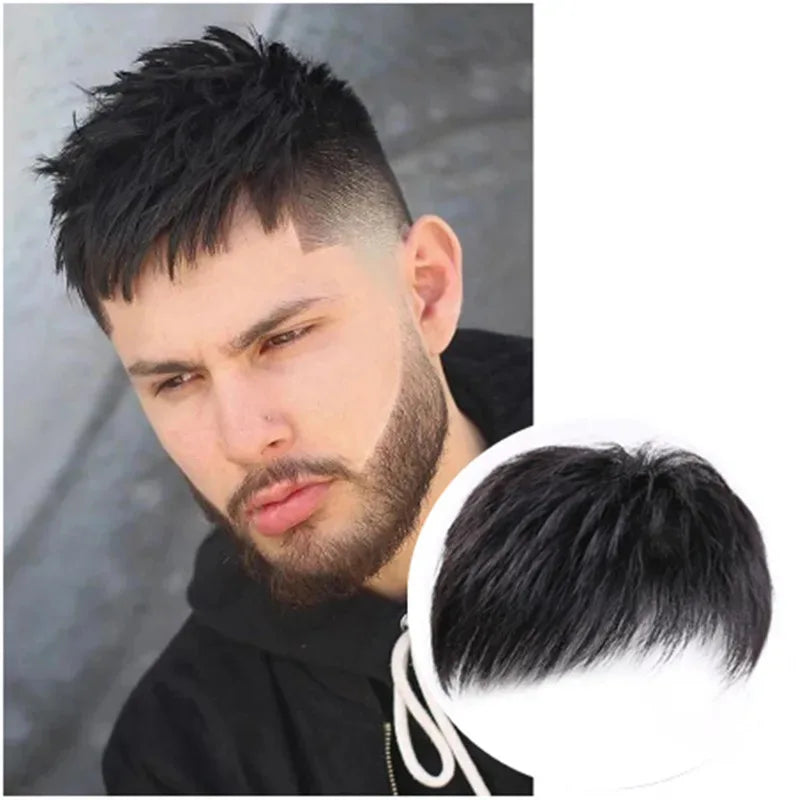 Synthetic wig for men with short hair, with a buzz cut style, on a bald head, with high-temperature hair extensions at the top.