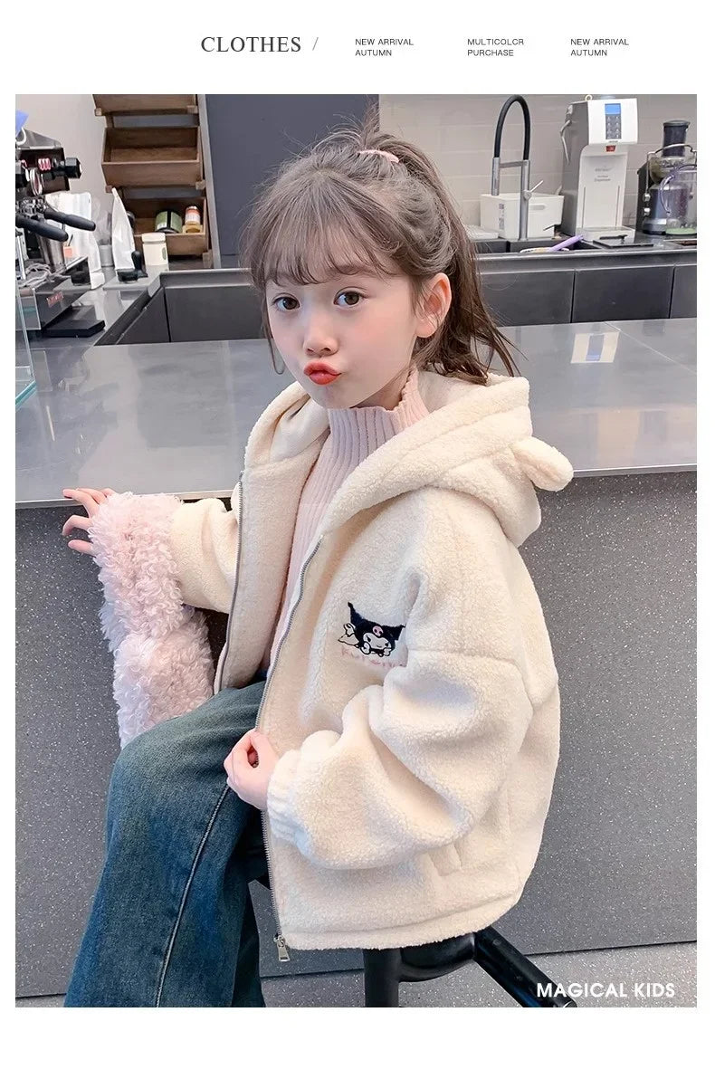 Winter 2025 New Cartoon Sanrio Kuromi Girls' Velvet Jacket Plus Velvet Children'S Polar Fleece Hooded Clothes Girls Winter Cloth