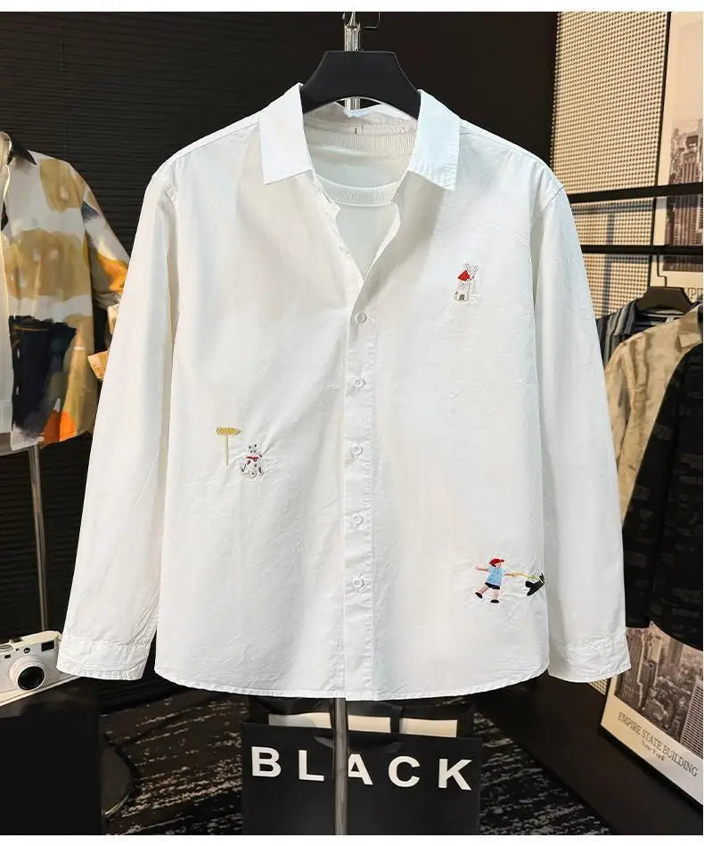 Embroidered Men's Shirts Fashionable Spring New Long-sleeved Versatile Trendy Loose Tops and Jackets Handsome and Casual