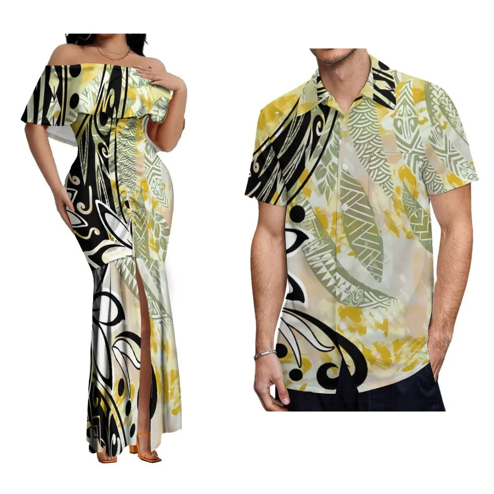Polynesian Couple Set Custom Women'S One-Line Shoulder Lotus Skirt Men'S Short-Sleeved Shirt Banquet High-Quality Dress