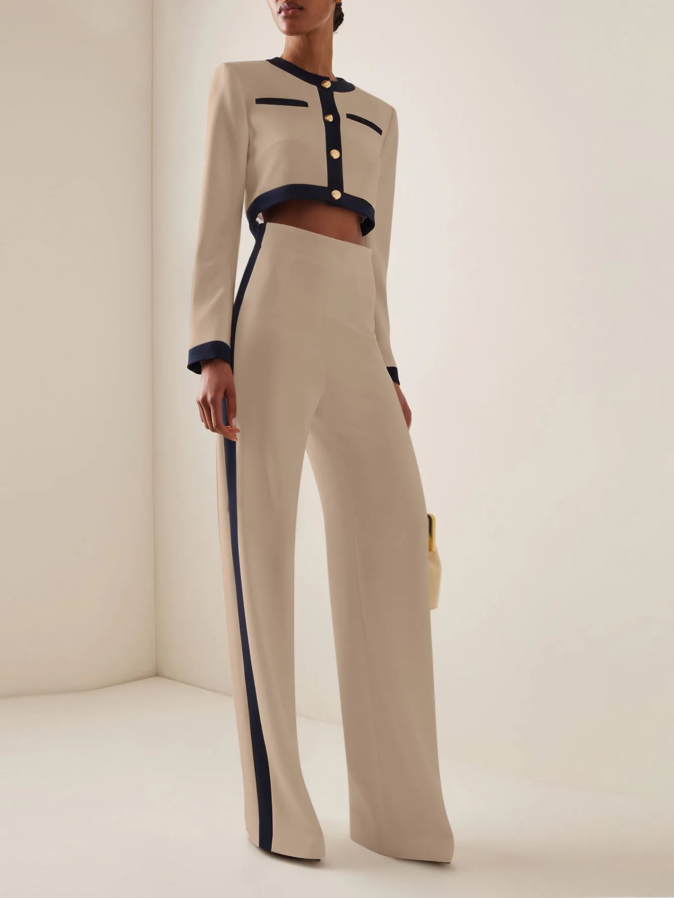 Elegant Women Slim Office Outfit Spring Autumn Fashion Contract Color Show Style Long Sleeve Button Tops & High Waist Pants Suit