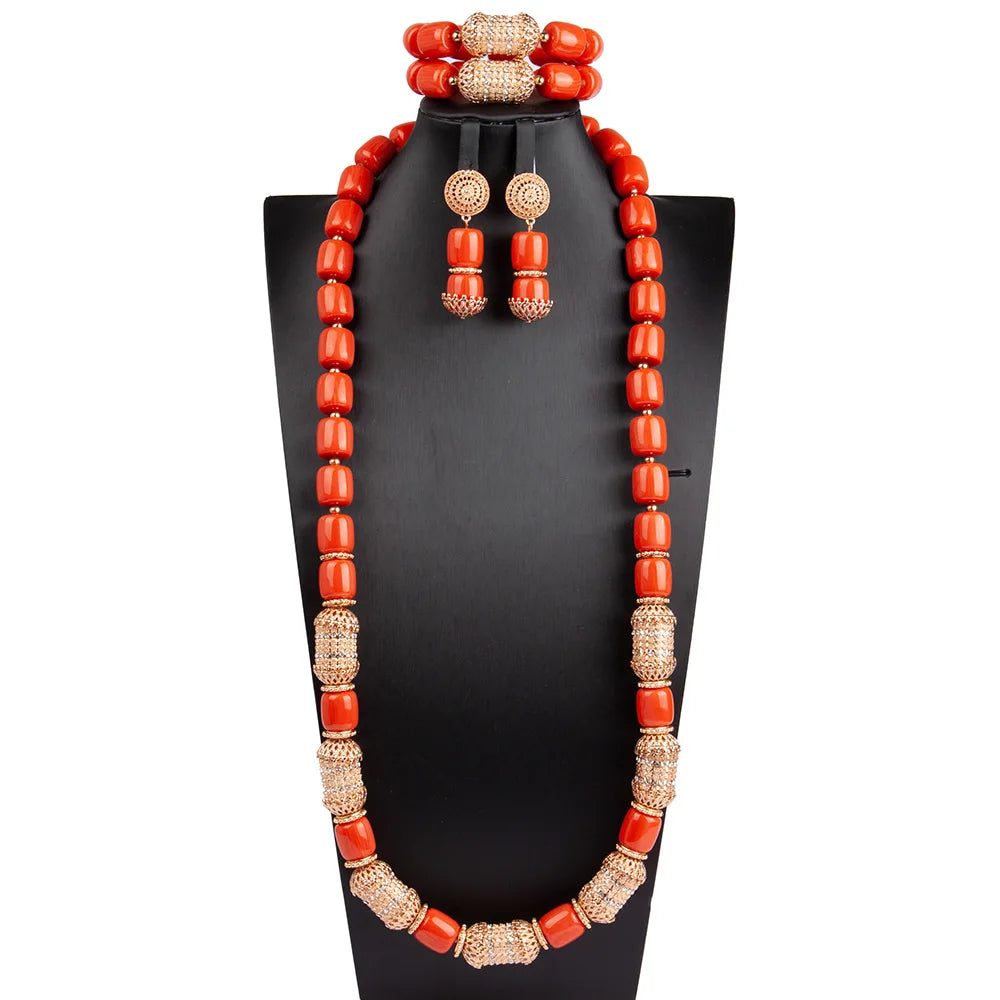 32 inches Long Orange Beads African Jewelry Set Women Bridal Party Costume Necklace Jewelry Set