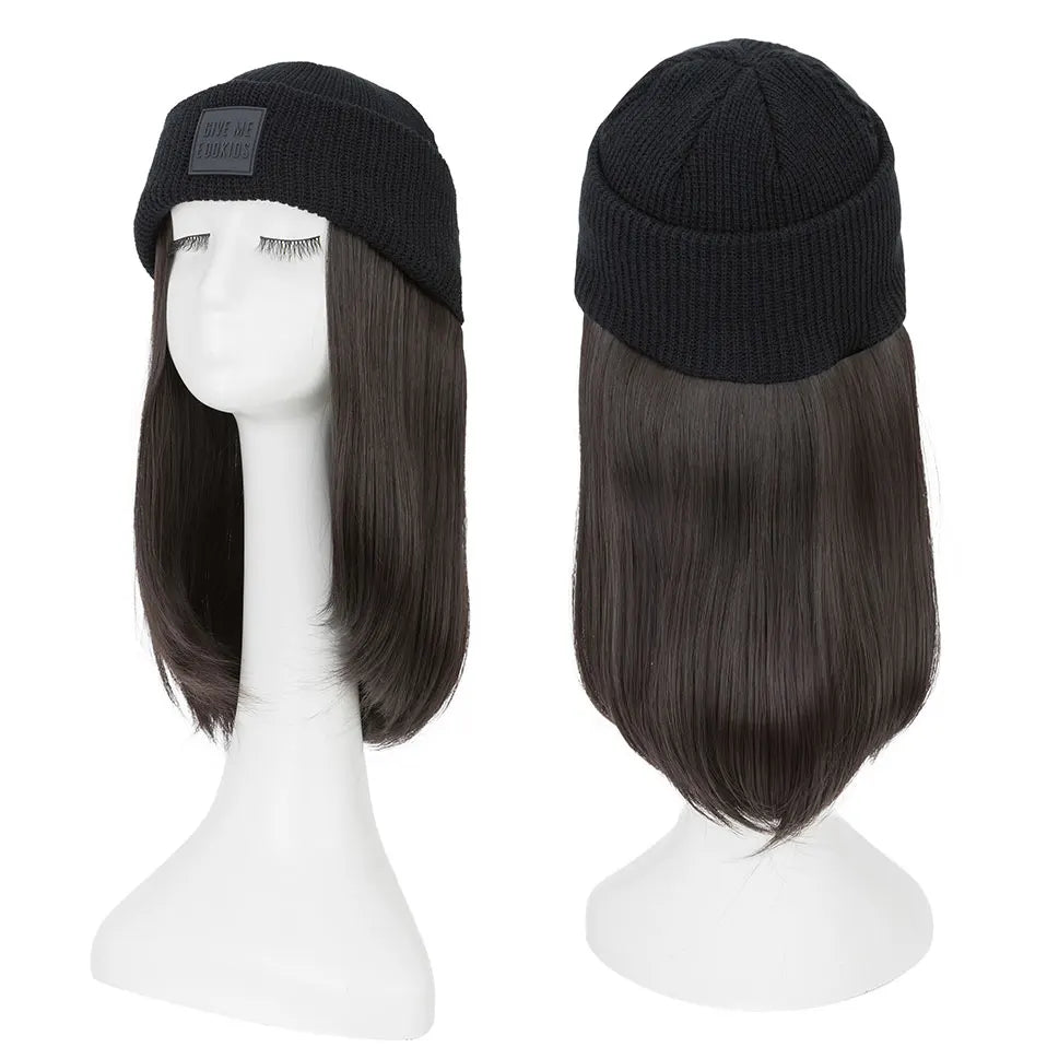 Hat Wig Knitted Beanie Wig Hat Hair Extension Straight Wig Hat Attached 11 Inch Synthetic Hairpiece for Women Girls Winter