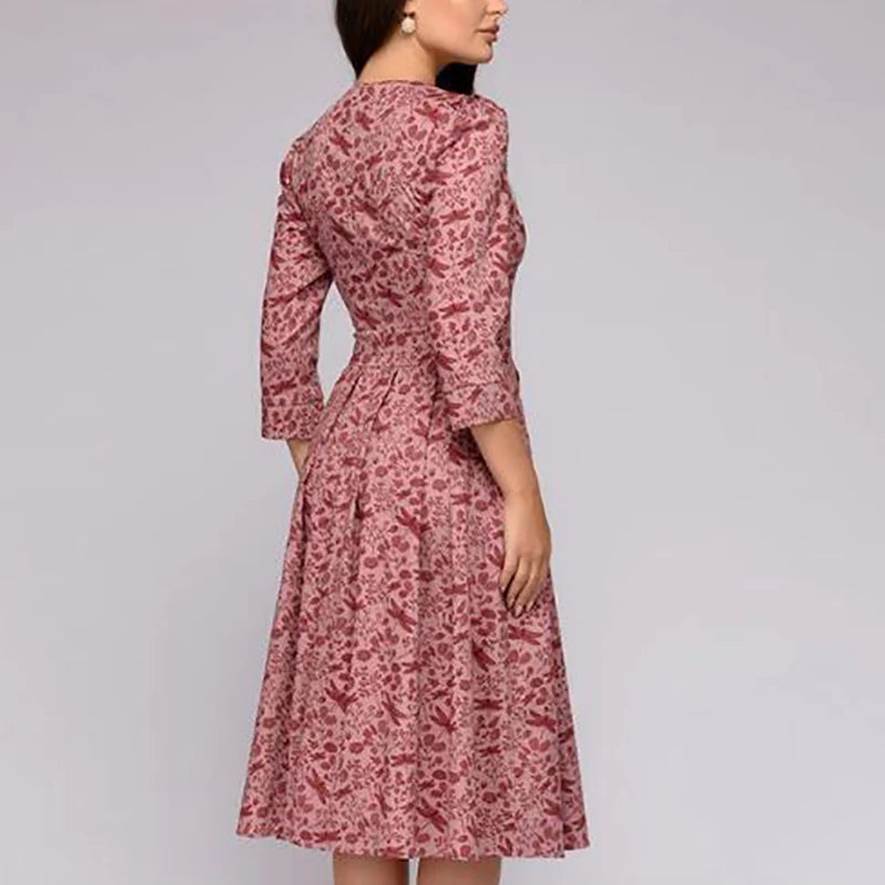 2023 Spring AutumnOffice Lady Knee Length Elegant Vintage Long Sleeve Party Dresses Women Floral Printed Dress New