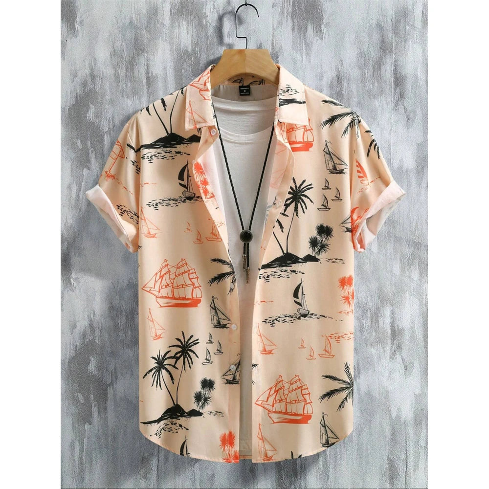 Men's Coconut Tree Graphic Print Short Sleeve Lapel Shirt Tops Men's Casual Button down Shirts Clothing Versatile Shirts