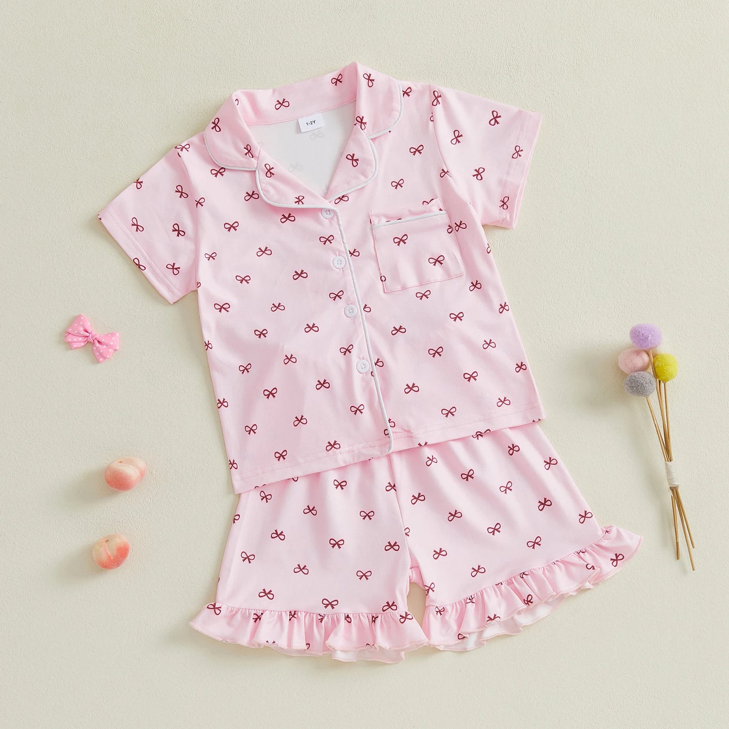 Summer Toddler Girls Loungewear Set Bow Print Short Sleeve Shirts Tops Elastic Waist Shorts Suit Infant Sleepwear Kids Pajamas