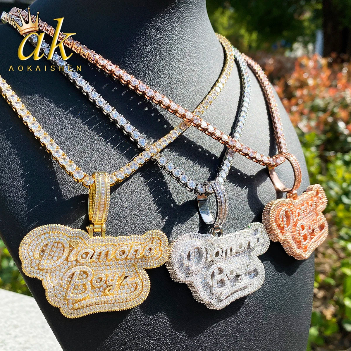 Aokaishen Iced Out Diamond Boyz Necklace Pendant for Men Real Gold Plated Cubic Zirconia Hip Hop Jewelry
