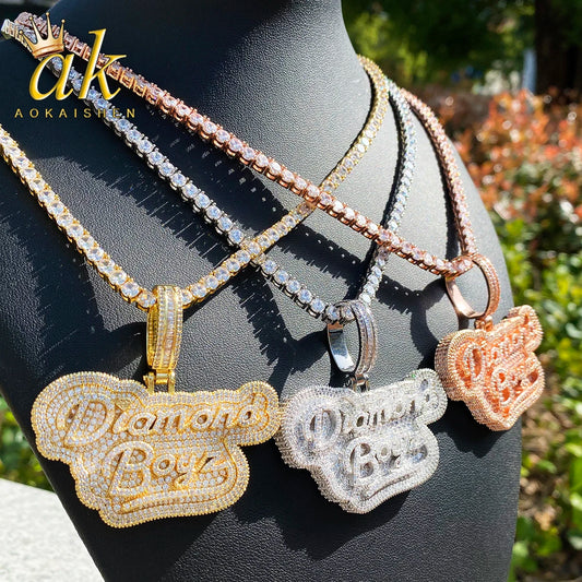 Aokaishen Iced Out Diamond Boyz Necklace Pendant for Men Real Gold Plated Cubic Zirconia Hip Hop Jewelry