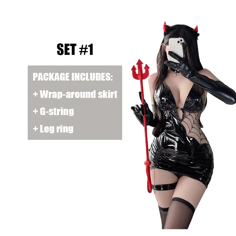 Halloween Costumes Sexy Lingerie Seductive Witch Spider Women Cosplay PU Faux Leather Bodycon Dress Tight Hip Stocking Outfit