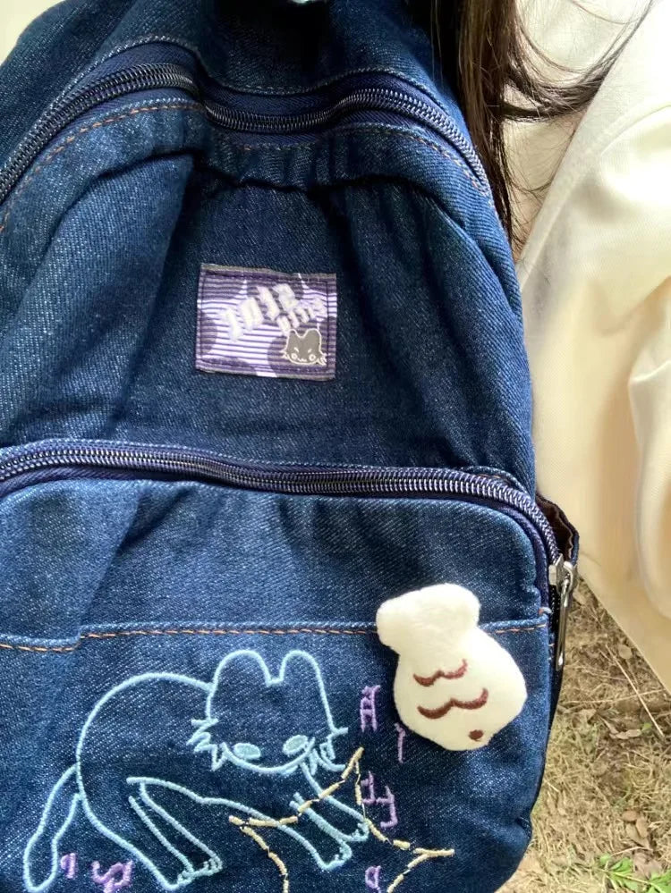 Fashion Small Denim Backpack Kawaii Cat School Bag Mini Cute Schoolbag Deep Blue Backpacks Aesthetic Japanese Preppy Book Bags