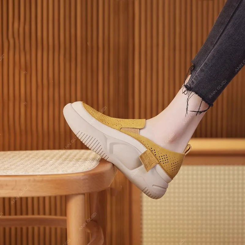 New Casual Loafers Women's Thick-soled One-pedal Through The Net Soft Leather Retro Single Shoes Women's Shoes Wholesale