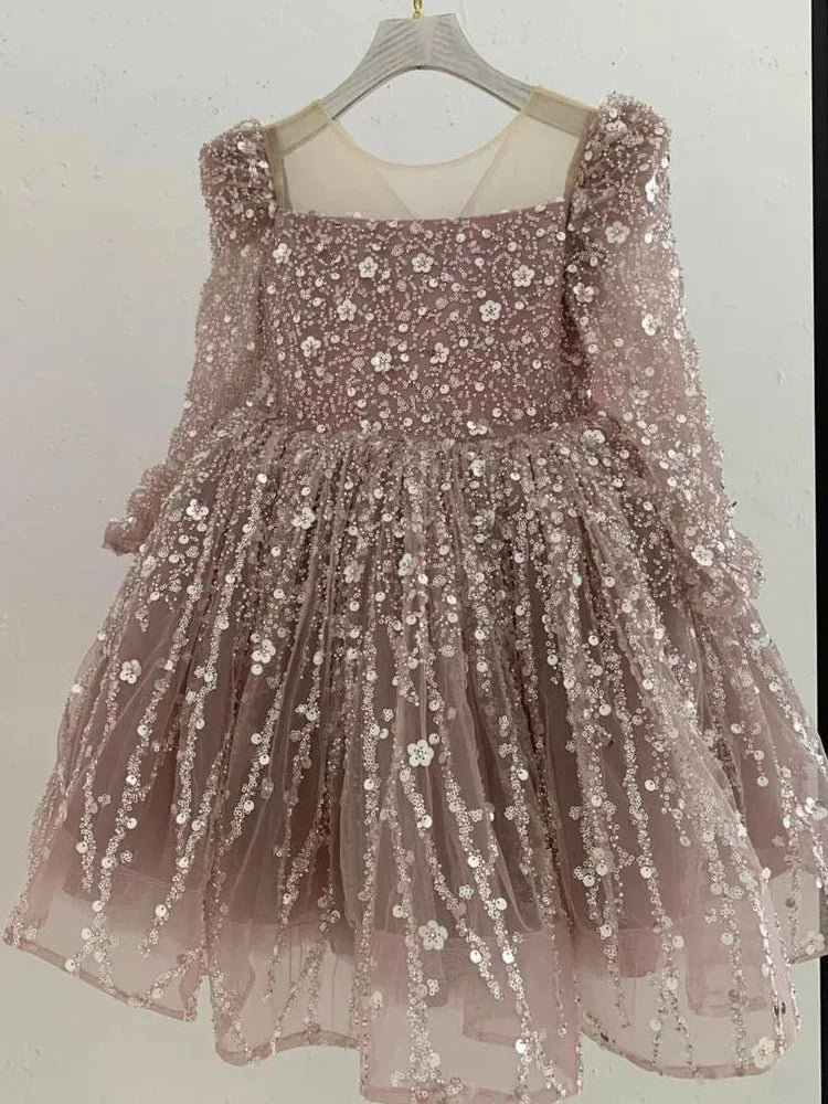 Custom Flower Girl Dress First Christmas Dress Wedding Party Gown Blush Pink Sequin Lace Long Sleeve Kids Evening Dress فسات