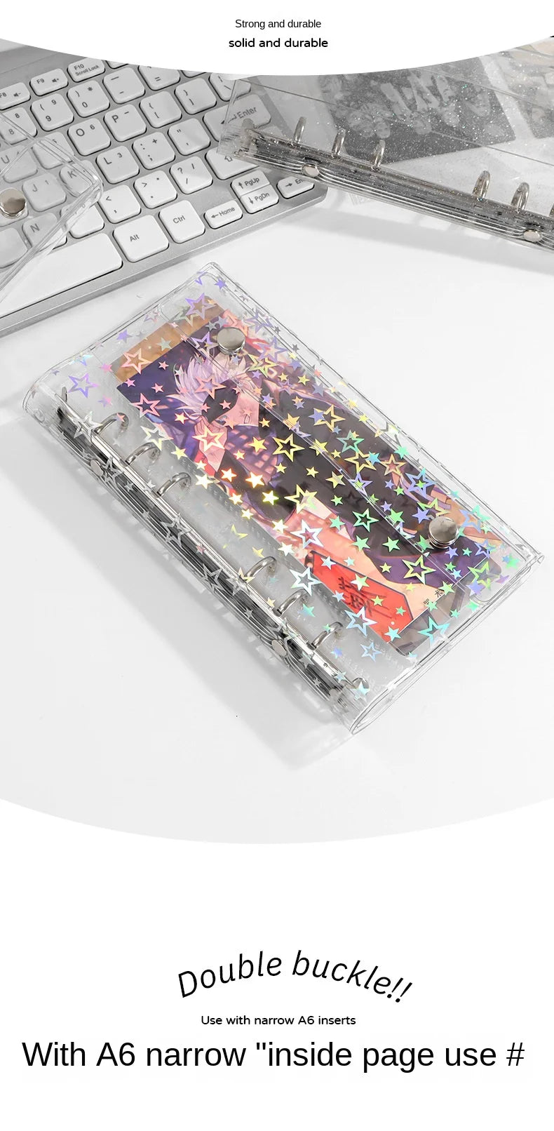 A6 6-Hole Narrow Half Laser Full Sky Star PVC Double Buckle Flip Cover Three Fold Loose Leaf Notebook Detachable Cover