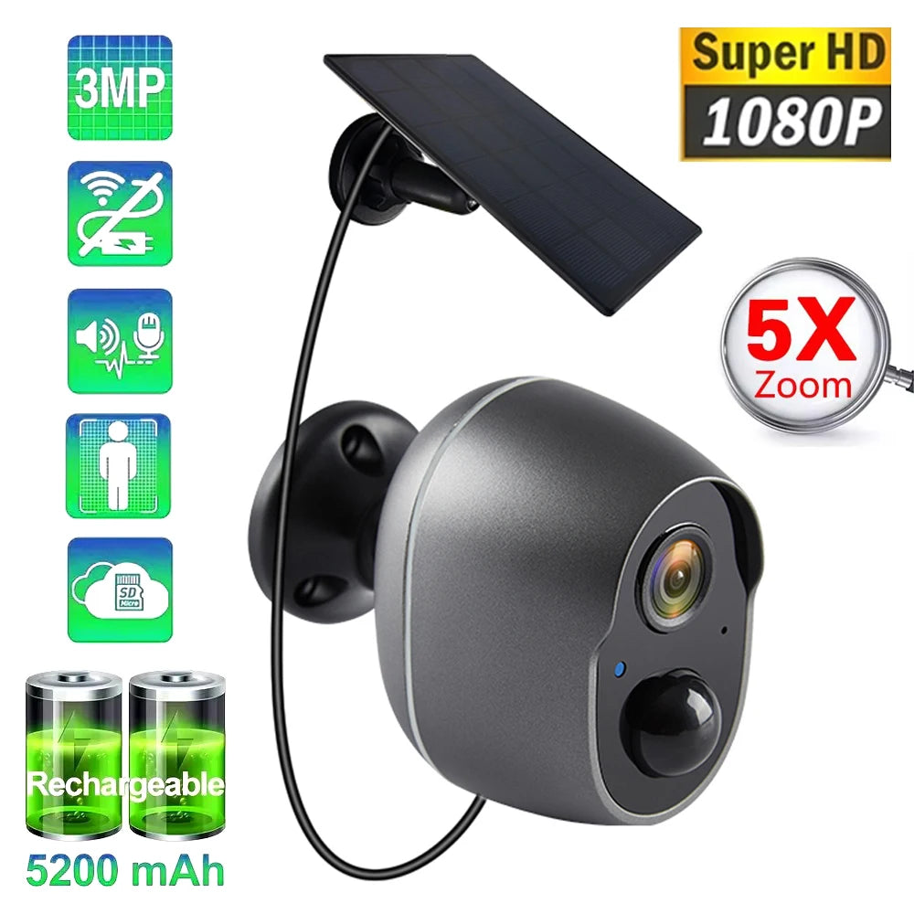 3MP Battery Solar WiFi Security CCTV 130 Wide View Angle 5XDigital Zoom Waterproof Outdoor Solar Camera 5200mAh Rechargeable Cam
