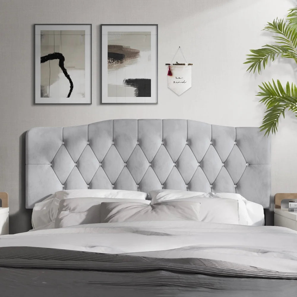 Upholstered Tufted Headboard Adjustable Height Silver Grey Velvet Queen Size Luxurious Comfortable Bedroom Focal Point Modern