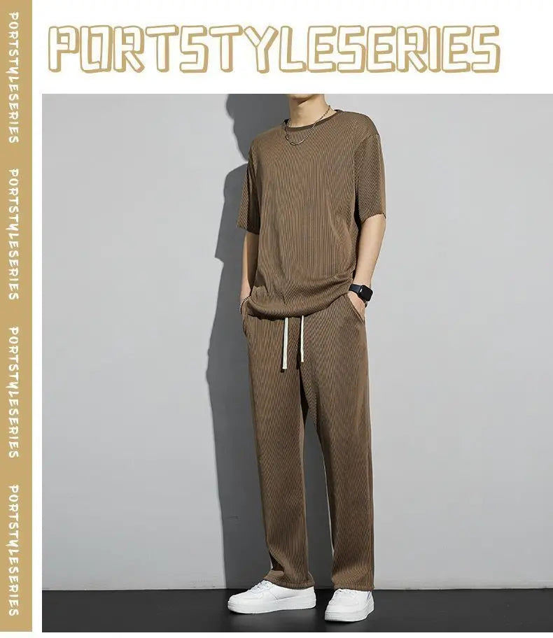 New Ice Silk Sports Set Men's Summer Thin Tracksuit Men 2024 Casual Long Pants Short Sleeve T-shirt Quick Drying Clothes Sets