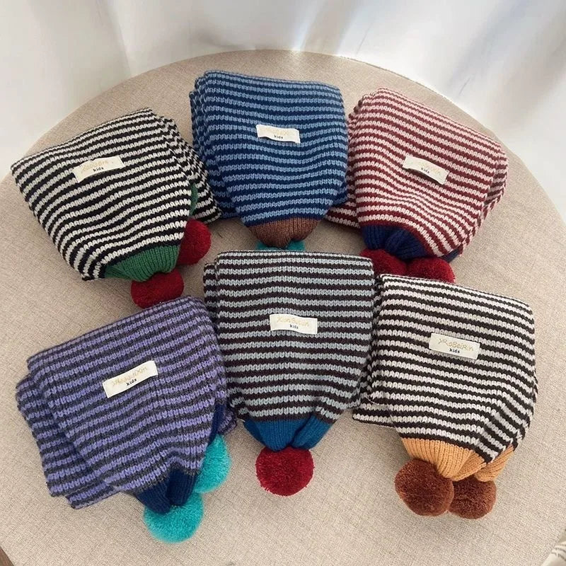 Winter Warm Knitted Kids Scarf Cute Pom Poms Stripe Neck Warmer For Boys Girls Letter Patch Casual Children Scarf