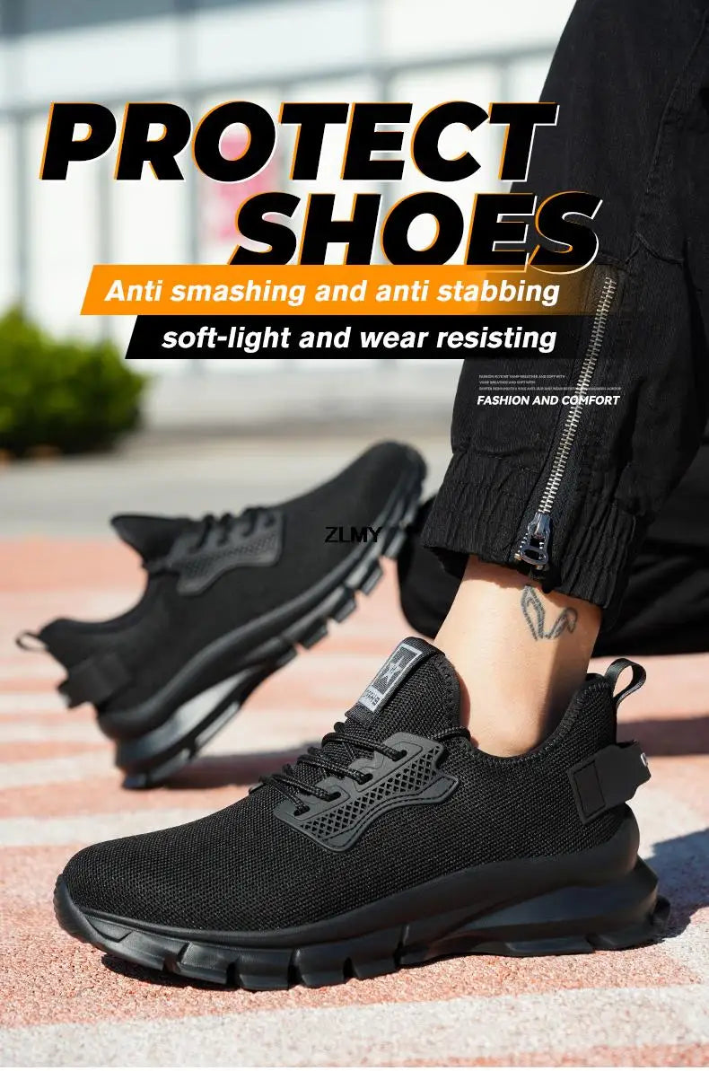 Black Safety Shoes Men Steel Toe Sneakers Lightweight Puncture Proof Work Safety Boots Man Breathable Working Shoes Anti-smash