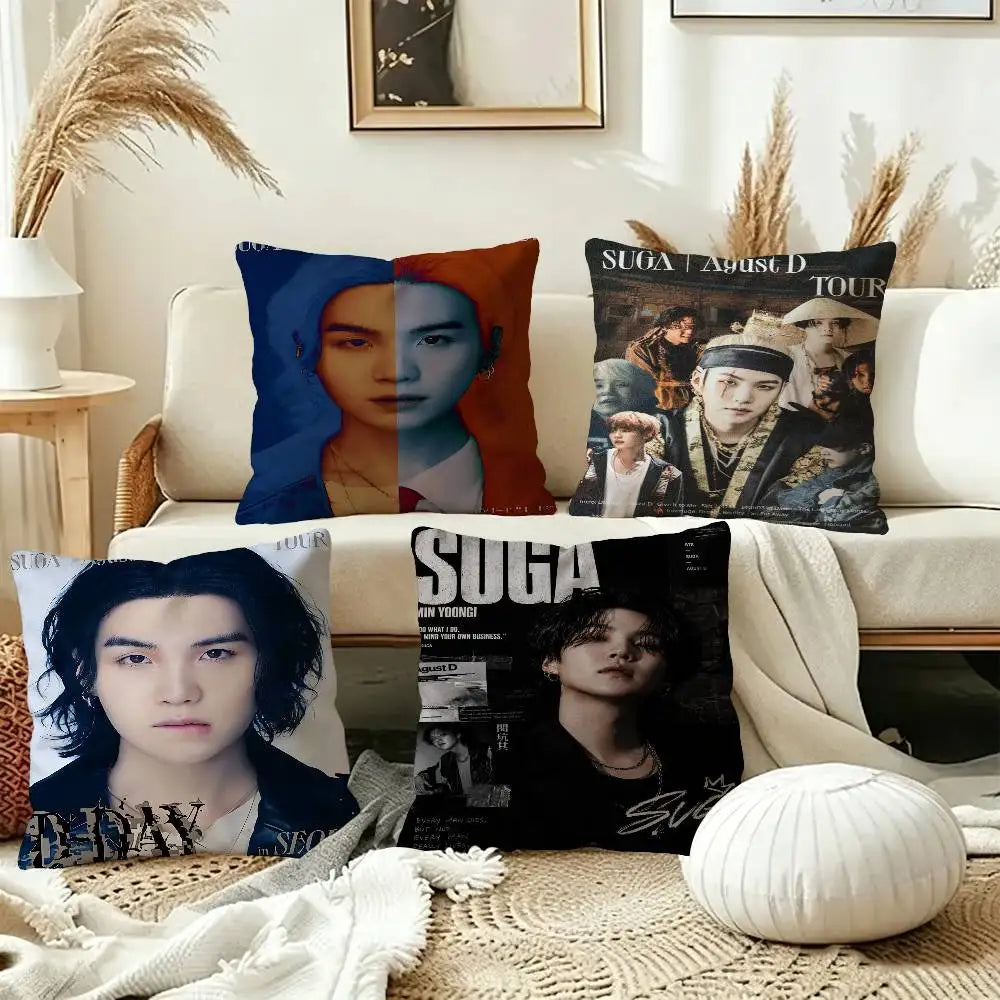 Kpop Singer S-Suga A-Agust D Office Cushion Pillowcase Car Cushion Cover45X45CM Lumbar Pillowcase Sofa Pillowcover