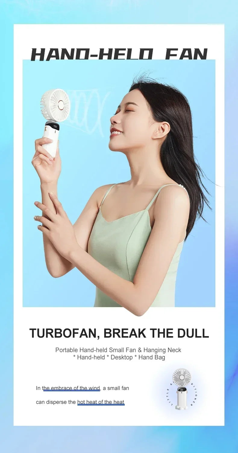 Portable Handheld Mini Fan Foldable Neck Hanging Fans 1800mAh 5 Speed USB Rechargeable Fan with Phone Stand and Display Screen