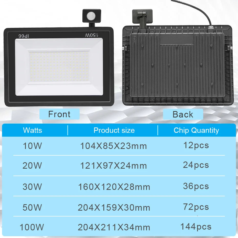 Outdoor LED Floodlight PIR Sensor 10W 20W 30W 50W 100W Cold White IP66 AC220V Garden/Street Reflector Spotlight with IR Remote
