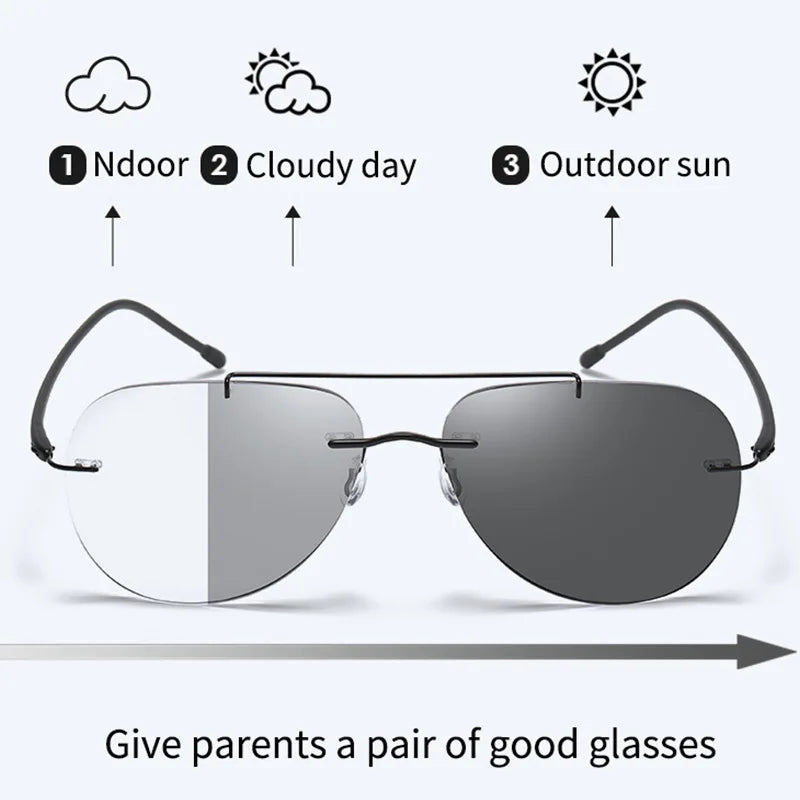 HDCRAFTER Multifocal Rimless Reading Glasses Photochromic Progressive Anti Blue Light Titanium Alloy Sun Glasses +100 to +400