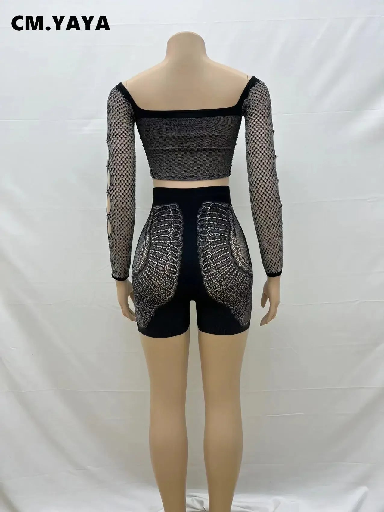 CM.YAYA Street Women's Set Full Sleeve Slash Neck T-Shirt and Shorts Suit 2024 Fall Hollow Out Two 2 Piece Set Outfit Tracksuit