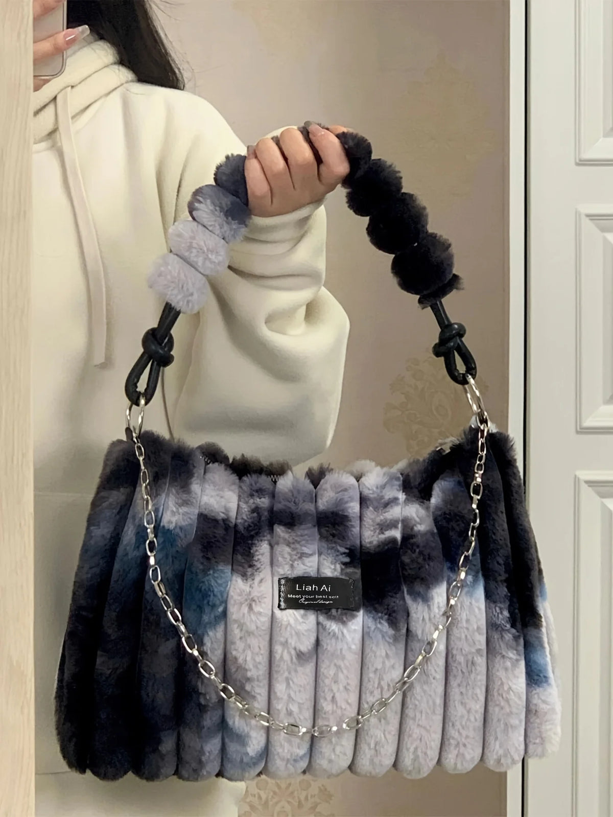 Women's Large Plush Tote Bag with Crossbody/Handheld Carry Soft Striped Plush Exterior Cozy Handbag for, Travel, Everyday Use