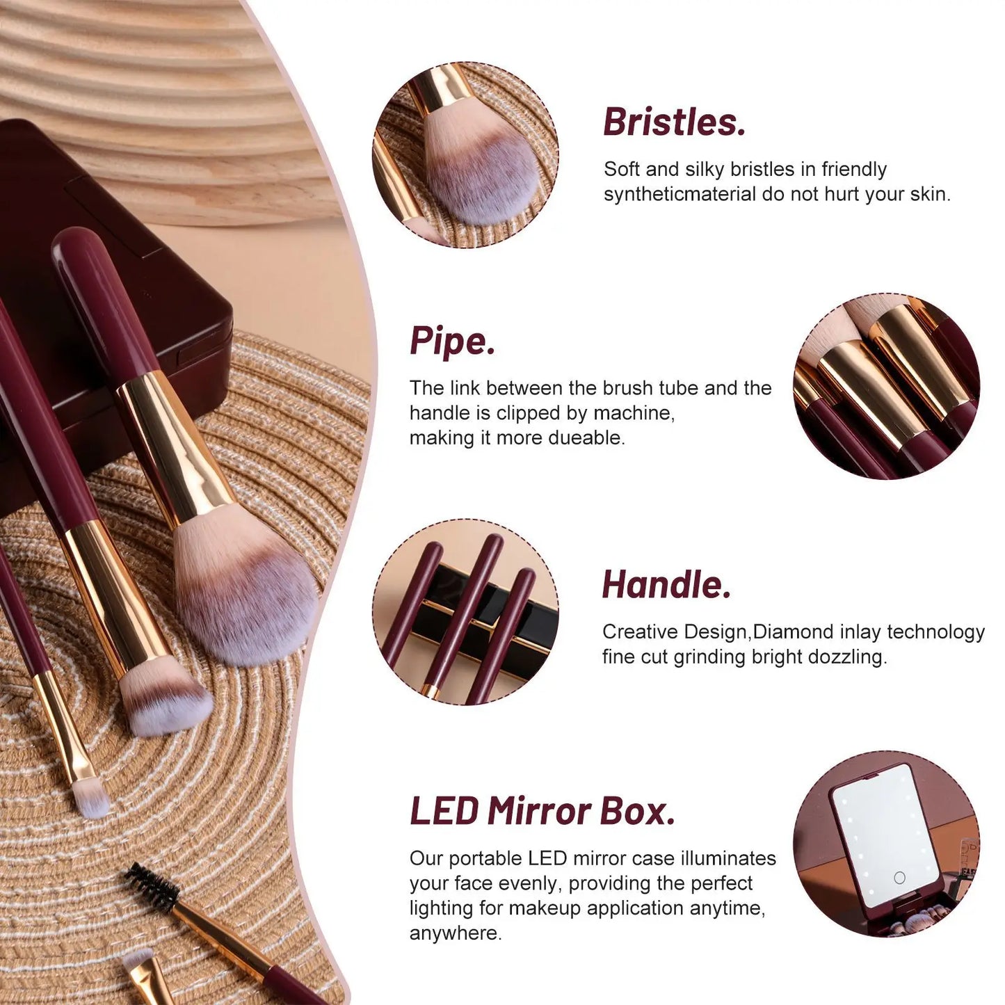 14 PCS Makeup Brush Set With Illuminated Mirror Portable Short Handle LED Light USB Rechargeable Makeup Brushes Kit