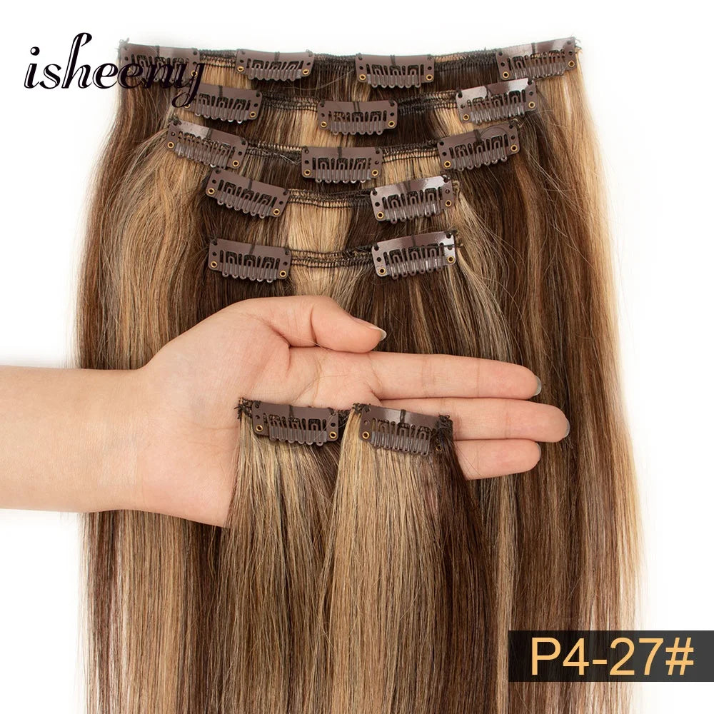 Isheeny 12"-24" Clip In Human Hair Extensions Brazilian Remy Natural Clip Human Hair Extension Real Natural Clip On 50G-120G NEW