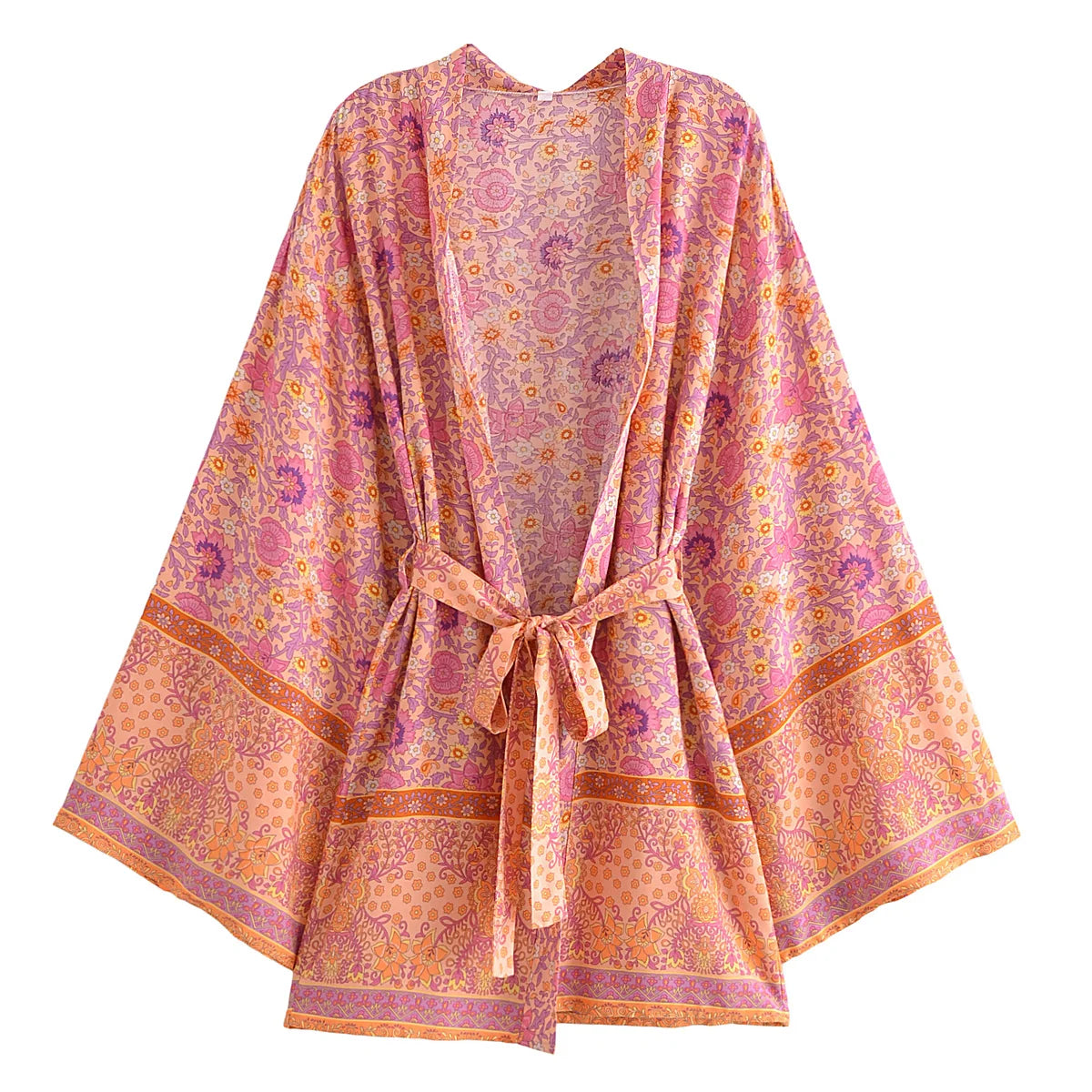 BOHO Women Blue With Pink Flower Print Kimono Shirt Holiday Tide Bow Sashes Mid Long Cardigan Summer Blouse Beach Cape